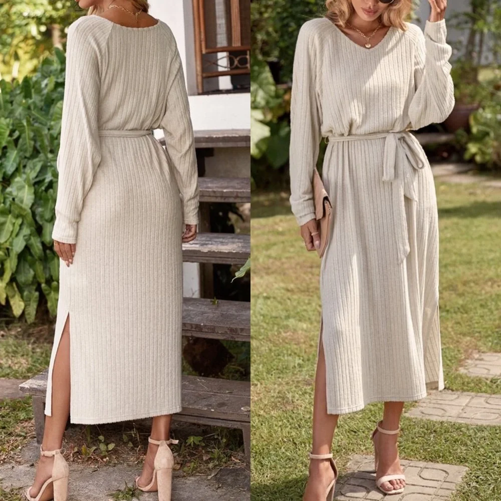 🐏 CASUAL BEIGE RIBBED LOOSE FIT BELTED MIDI DRESS! - Picture 2 of 5